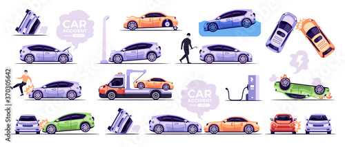 Car accidents set isolated on white background. Broken car, stolen by thief, damaged, car hitting a man. Flat style eps10 illustration. Vehicle crush on the road. Simple modern design.