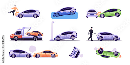 Car accidents set isolated on white background. Broken car, stolen by thief, damaged, car hitting a man. Flat style eps10 illustration. Vehicle crush on the road. Simple modern design.