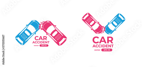 Car accident icon isolated on the road. Flat style eps10 illustration. Hatchback and sedan vehicles. Above, top view. Simple modern design. Icon, sign, symbol collection.