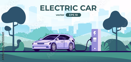 Car charging at the charger station. Car refueling petrol at the gas station. Electric or gasoline. Flat style eps10 illustration. Front view. Simple modern design. Black color icon.