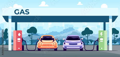 Car charging at the charger station. Car refueling petrol at the gas station. Electric or gasoline. Flat style eps10 illustration. Front view. Simple modern design. Black color icon.