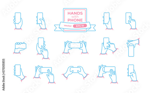 Hands with phone icons set isolated on a white background. Hands hold the smartphone horizontally and vertically. Flat style vector eps10 illustration. Finger on the screen. Simple modern design.