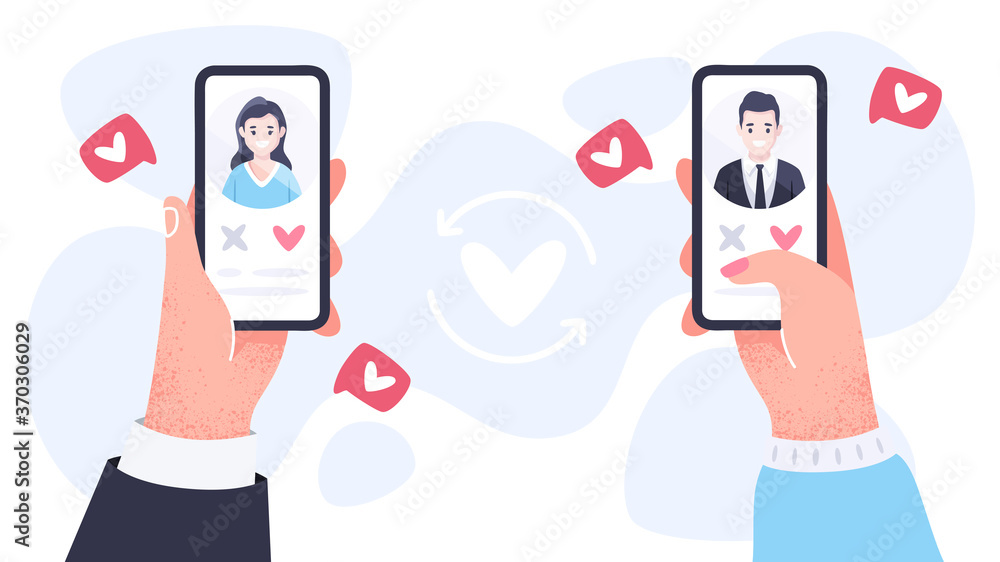 Dating app. Hands with phone. Hands hold the smartphone vertically. Flat style vector eps10 illustration. Social media, likes, hearts, followers, notifications. Simple modern design. Male and female.