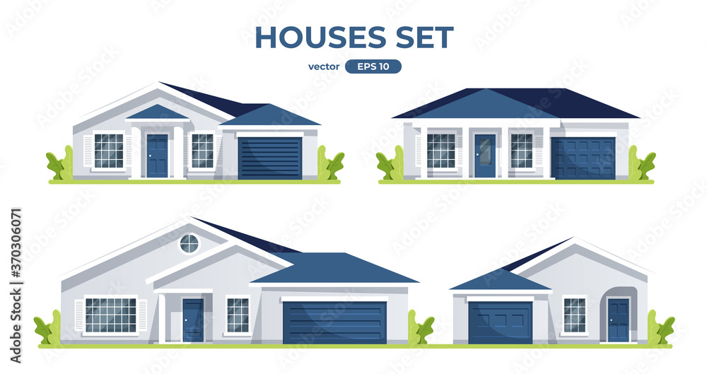 Houses set isolated. Buildings, home, real estate collection. Front view. Flat style vector eps10 illustration. Simple modern design. Street with colorful cottage houses. Cute cartoon city.