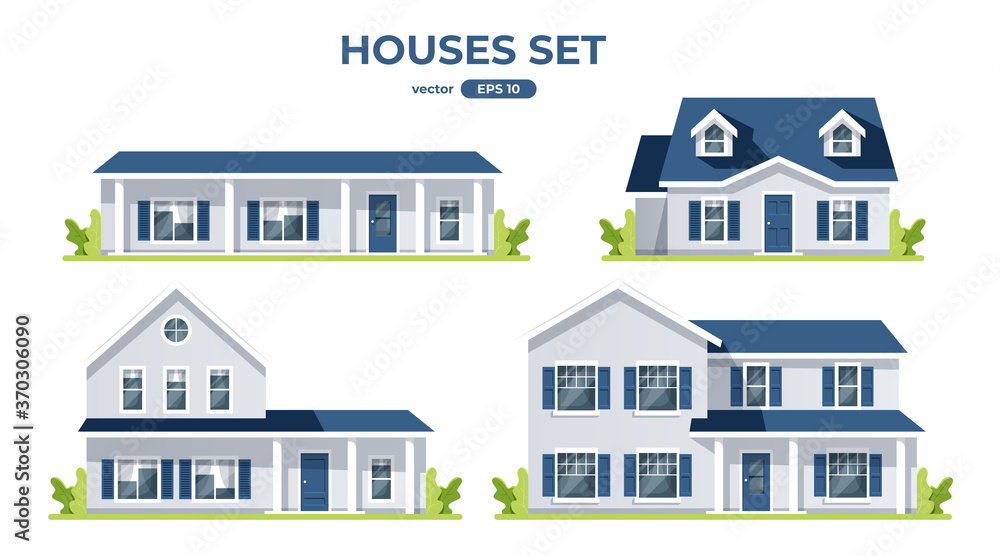 Houses set isolated. Buildings, home, real estate collection. Front view. Flat style vector eps10 illustration. Simple modern design. Street with colorful cottage houses. Cute cartoon city.