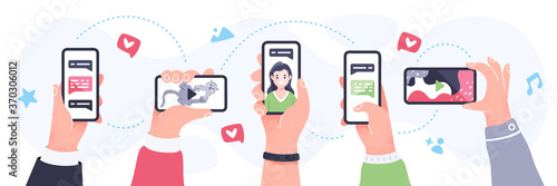 Hands with phone set. Hands hold the smartphone horizontally and vertically. Flat style vector eps10 illustration. Social media, likes, hearts, followers, notifications. Simple modern design.