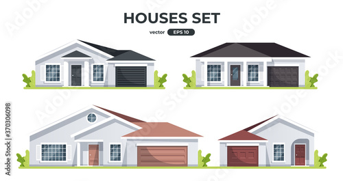 Houses set isolated. Buildings, home, real estate collection. Front view. Flat style vector eps10 illustration. Simple modern design. Street with colorful cottage houses. Cute cartoon city.