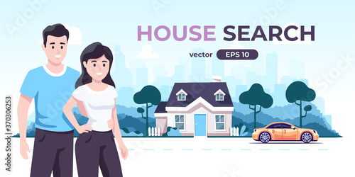Family near the house. Home search and buy. Buying a property. A couple of smiling people. City silhouette background. Urban landscpe with buildings, car and house. Flat style vector illustration.