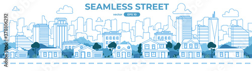 Seamless cityscape. City silhouette background. Urban landscpe with skyscrapers, buildings and houses. Street panorama with road. Flat style vector eps10 illustration. Simple modern cartoon design.