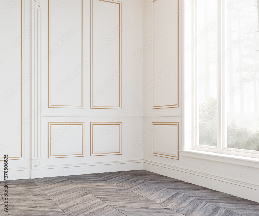 Bright, light and empty white colored room with big windows. Wall frame decoration. 3d rendering. Bright, light and empty white colored room with big windows. Wall frame decoration. 3d rendering.