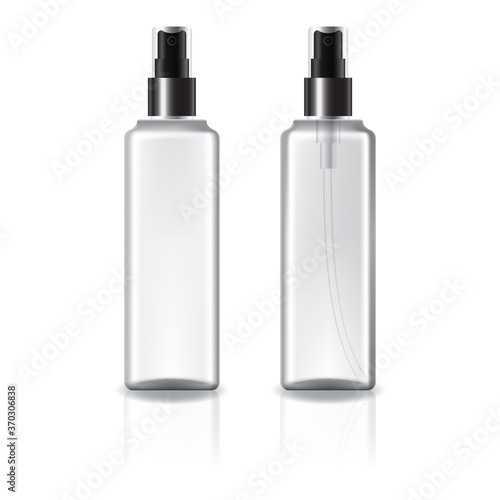 white and clear square cosmetic bottle with black spray head for beauty or healthy product.