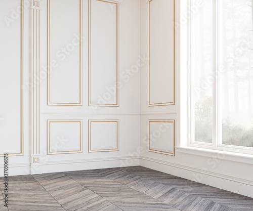Bright, light and empty white colored room with big windows. Wall frame decoration. 3d rendering.