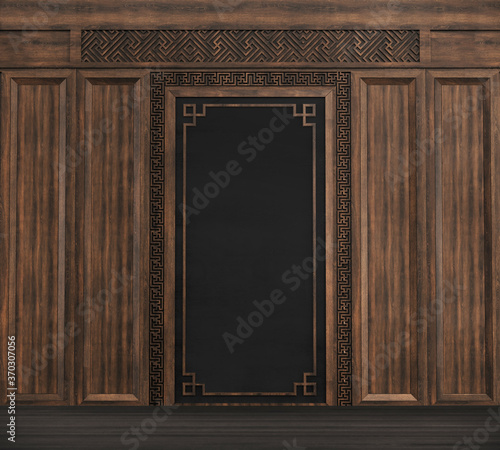 Empty interior background, room with brown wood paneling wall and hardwood flooring, 3d rendering
