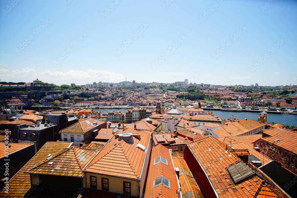 Porto, Portugal, top view of buildings with red tile roofs in the Porto city center