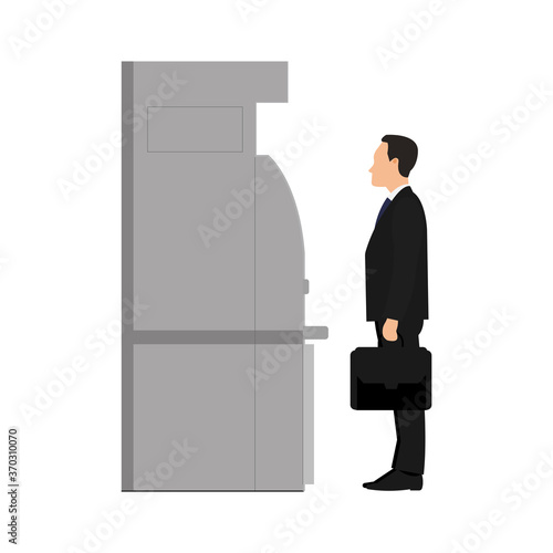 Businessman in suit with briefcase stands near ATM, isolated on white background. Vector illustration in flat design