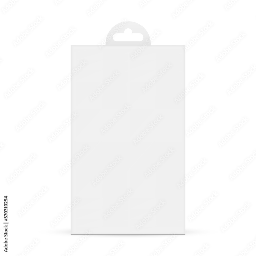 Paper box with hang tab isolated on white background, front view. Packaging  mockup for protective glass, headphones and more accessoires. Vector  illustration Stock Vector | Adobe Stock
