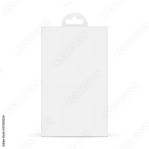 Paper box with hang tab isolated on white background, front view. Packaging mockup for protective glass, headphones and more accessoires. Vector illustration