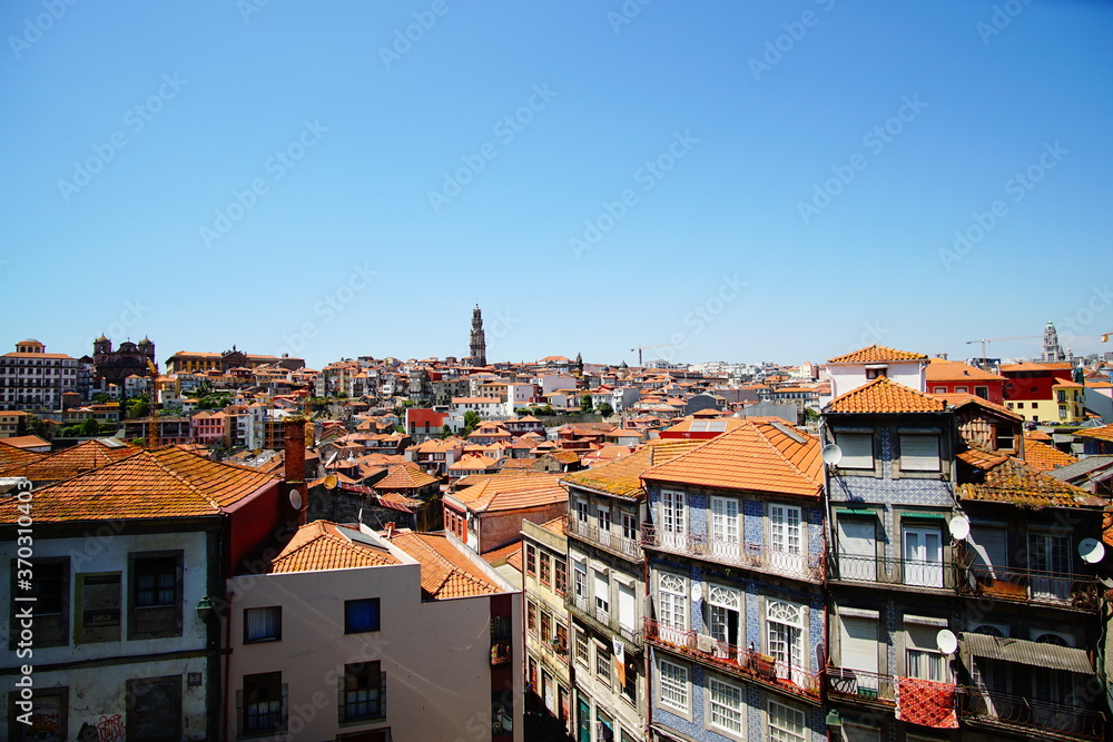 Porto, Portugal, top view of buildings with red tile roofs in the Porto city center