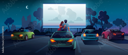 Drive cinema or car movie theater, auto theatre, vector cartoon outdoor screen background. Car cinema or drive movie in open air, boy and girl couple embrace, sit and watch romantic movie on car roof