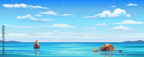 Sky and sun at sea background, ocean and beach vector island scenery empty flat cartoon. Ocean or sea water with waves and clouds in sky, summer blue seascape with cloudy sky and seaside panorama