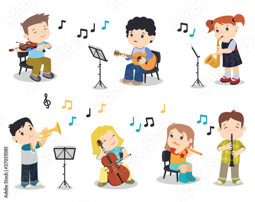 Vecteur Stock School Band Practice Cute Children Playing Music Instruments  Vector Clip Art Illustration Design Set Isolated on White | Adobe Stock