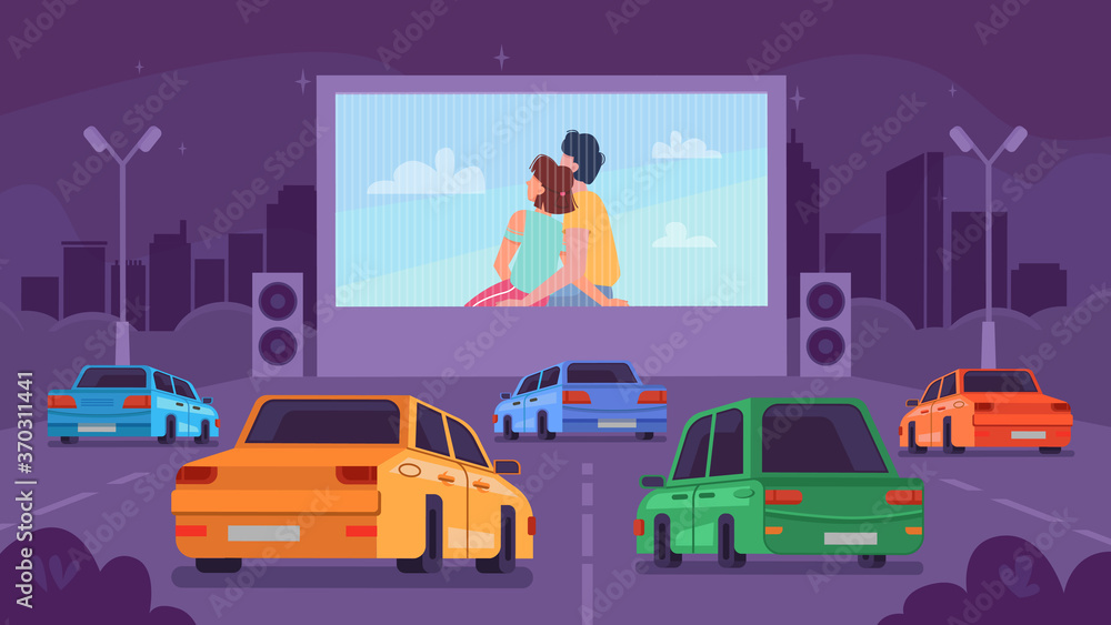 Naklejka premium Car cinema or drive movie theater with romantic couple on screen, vector cartoon background. Cars at drive cinema parking lot in night city and movie theater with moan and man embracing on screen
