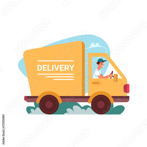 Delivery courier truck, car of deliver vector flat cartoon icon. Man driver in delivery van, express order shipping and online store service, food or shop order fast delivery, shipment vehicle