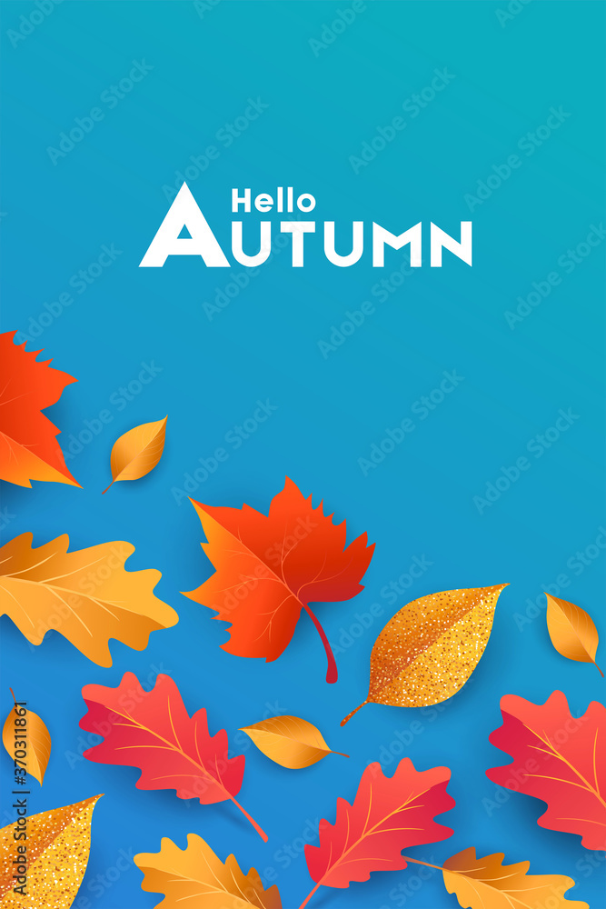 Autumn seasonal background with border frame with falling autumn golden, red and orange colored leaves on blue background, place for text. Hello autumn vector illustration
