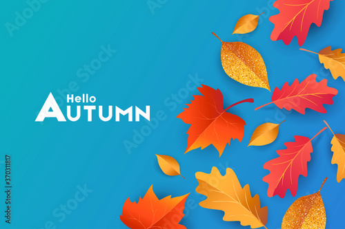 Autumn seasonal background with border frame with falling autumn golden, red and orange colored leaves on blue background, place for text. Hello autumn vector illustration