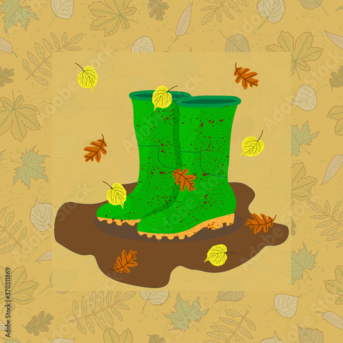 green muddy rubber boots in a muddy puddle with falling oak and linden leaves