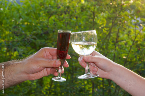  Glasses of red and white wine in the hands of a man and a woman clink against the backdrop of the greenery of the garden with sun glare.