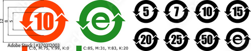 China RoHS - RoHS of Hazardous Substances, or Environment Friendly Use Period icons set (5 7 10 15 20 25 50 years and e symbol) with construction sheet