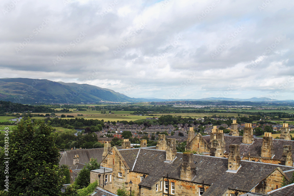 Stirling, Scotland - August 1, 2020, cute houses and fields in a small town in the countryside