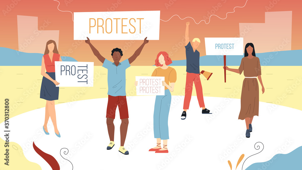 Meeting And Protest Concept. Young Male And Female Characters Came To Outspeak Their Opinion. Protesters Hold Posters To Express Disagreement Shouting Into Loudspeaker. Flat Style Vector Illustration