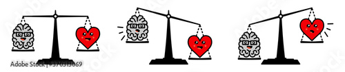 Cute Kawaii style brain and heart on weight scales, balanced or one side heavier version, emotions and rational thinking conflict concept