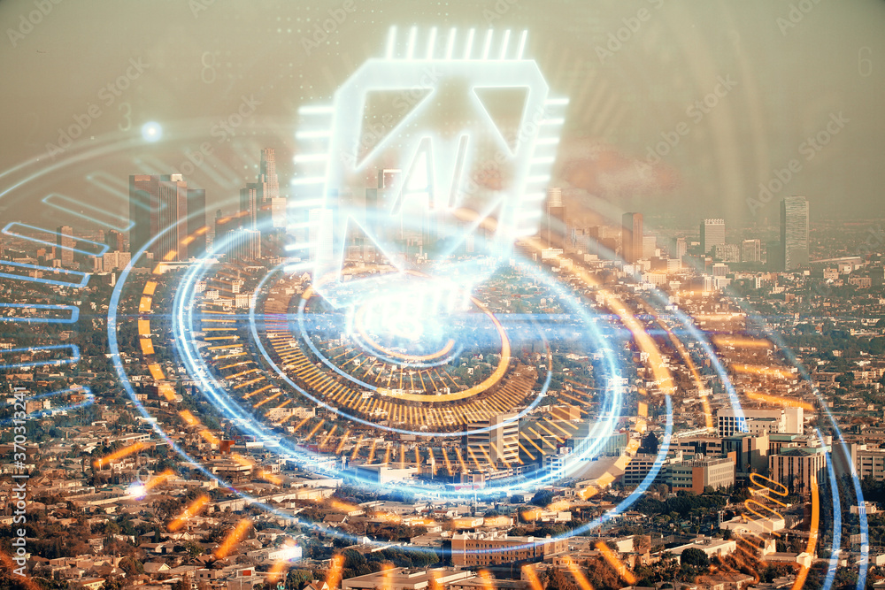 Fototapeta premium Data theme hologram drawing on city view with skyscrapers background double exposure. Technology concept.