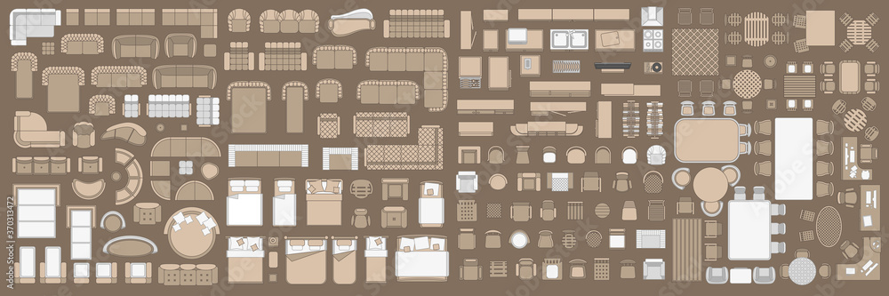 Icons set of interior. Furniture top view. Elements for the floor plan. (view from above). Furniture and elements for living room, bedroom, kitchen, office.