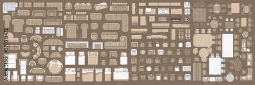 Icons set of interior. Furniture top view. Elements for the floor plan. (view from above). Furniture and elements for living room, bedroom, kitchen, office.
