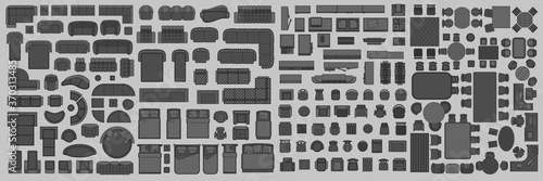 Icons set of interior. Furniture top view. Elements for the floor plan. (view from above). Furniture and elements for living room, bedroom, kitchen, office.