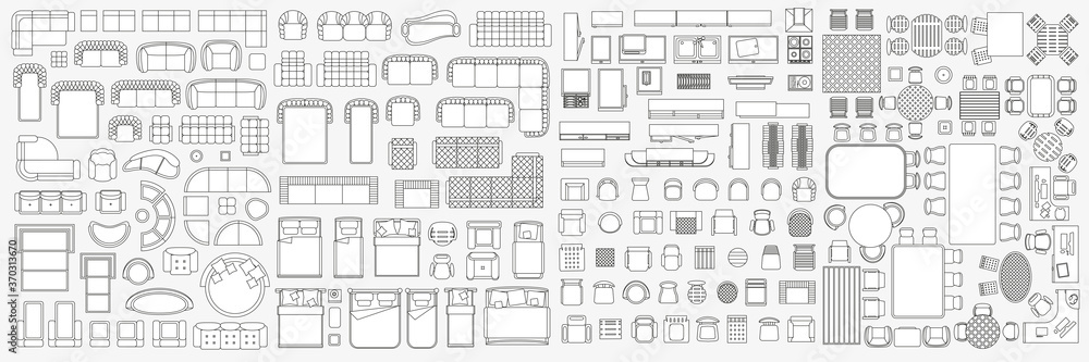 Set of linear icons. Interior top view. Isolated Vector Illustration. Furniture and elements for living room, bedroom, kitchen, bathroom. Floor plan (view from above). Furniture store. Set of linear icons. Interior top view. Isolated Vector Illustration. Furniture and elements for living room, bedroom, kitchen, bathroom. Floor plan (view from above). Furniture store.