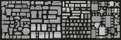 Icons set of interior. Furniture top view. Elements for the floor plan. (view from above). Furniture and elements for living room, bedroom, kitchen, office.