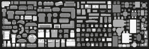 Icons set of interior. Furniture top view. Elements for the floor plan. (view from above). Furniture and elements for living room, bedroom, kitchen, office.