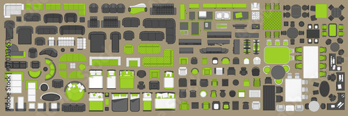 Icons set of interior. Furniture top view. Elements for the floor plan. (view from above). Furniture and elements for living room, bedroom, kitchen, office.