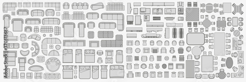 Icons set of interior. Furniture top view. Elements for the floor plan. (view from above). Furniture and elements for living room, bedroom, kitchen, office.