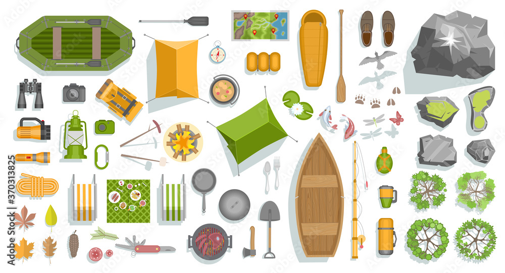 Vector set. Elements of camping. Top view.
Summer background with camping equipment. View from above. - obrazy, fototapety, plakaty 