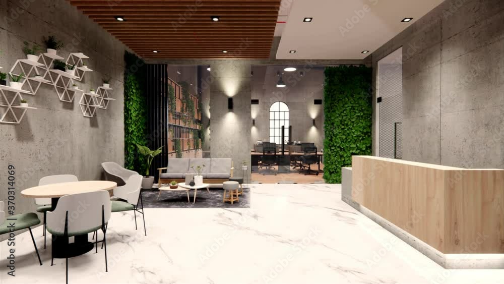 Interior Empty Modern Loft Office open space modern office footage.Modern open concept Lobby and reception area meeting room design.4k .Rendering 3d.