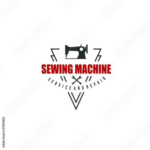 Vector illustration of black sewing machine silhouette with text decorated with black triangle isolated on white background suit for service and repair business logo