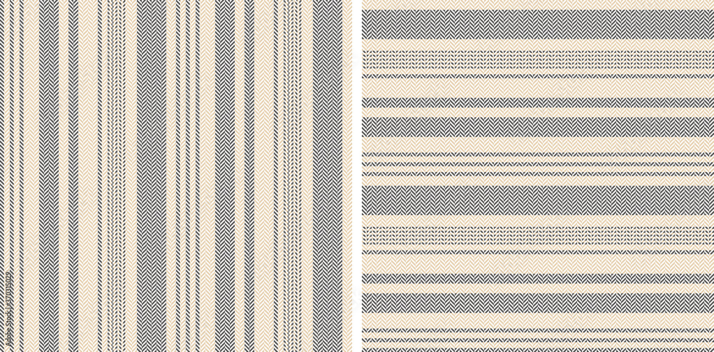 Herringbone textured stripes pattern in grey and beige. Seamless vertical and horizontal lines vector graphic for dress, shorts, wallpaper, or other modern textile design. - obrazy, fototapety, plakaty 