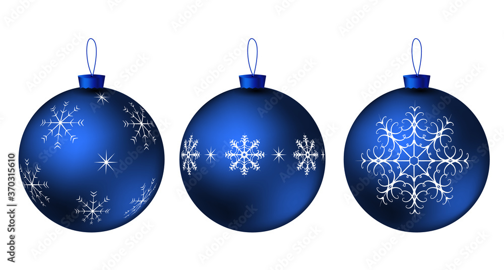 Christmas ball blue 3D realistic with a pattern of white snowflakes of different sizes. Christmas tree decoration for the New Year. Stock vector illustration isolated on white.