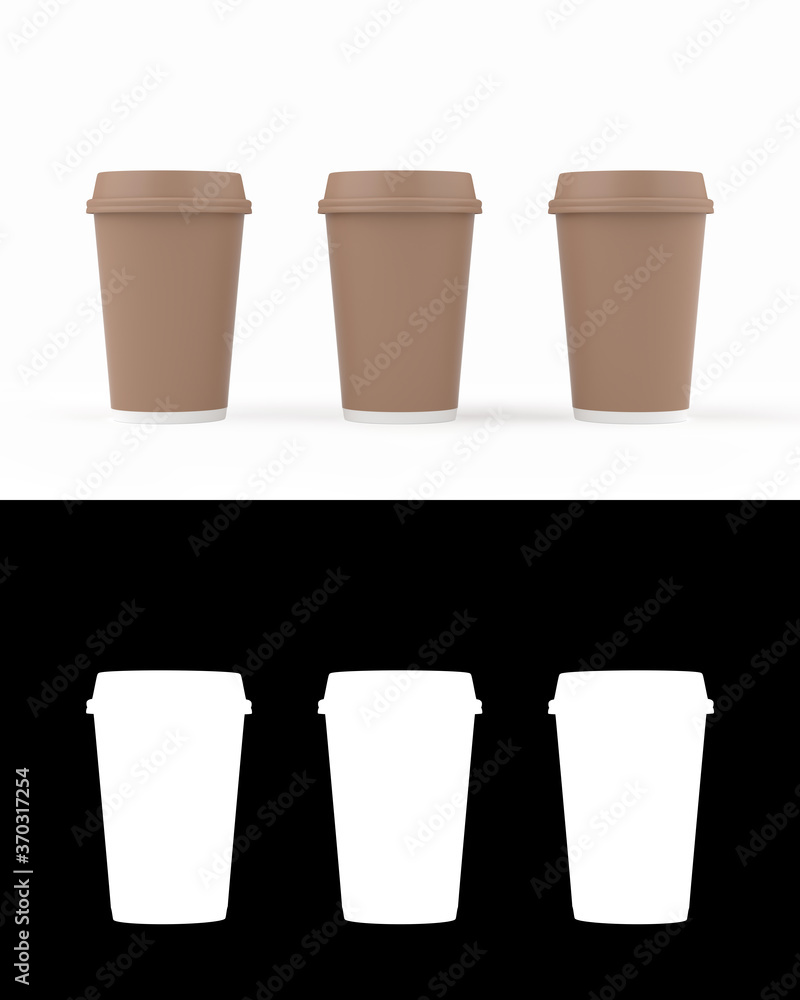 Three disposable plastic cups standing in a row. Mockup for your design. 3d illustration rendering. Alpha Channel mask. Three disposable plastic cups standing in a row. Mockup for your design. 3d illustration rendering. Alpha Channel mask.